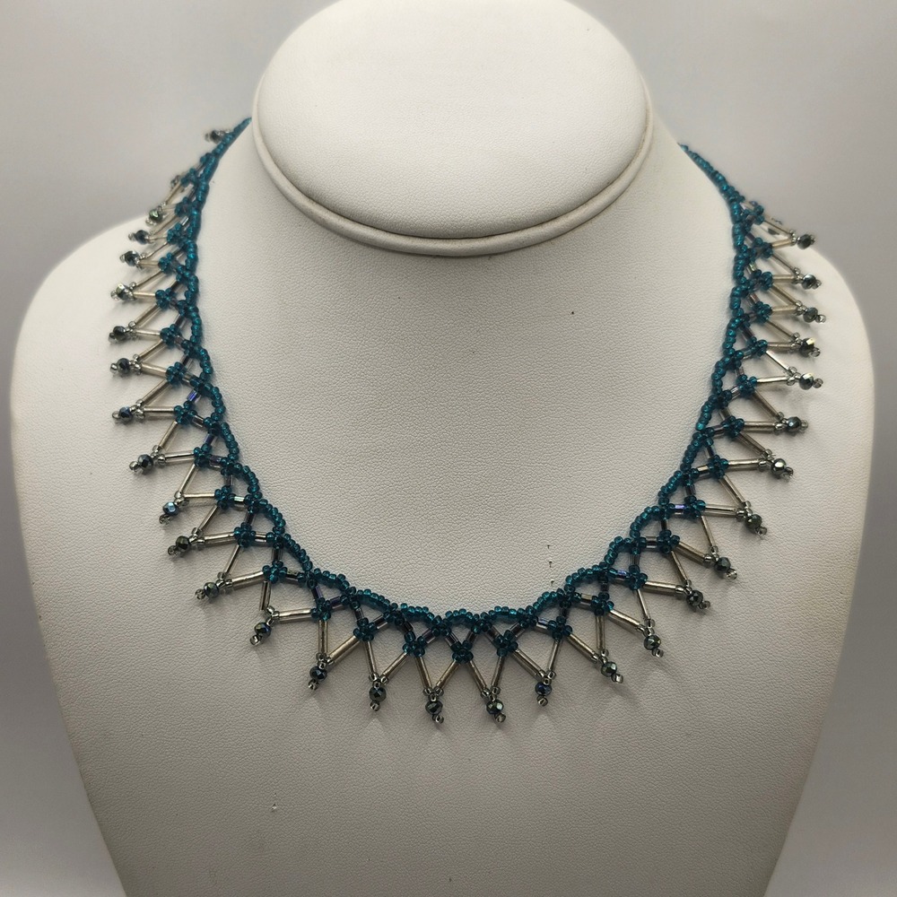 Handmade Teal Blue Seed Bead Silver Bugle Bead Fringe Necklace Toggle Clasp